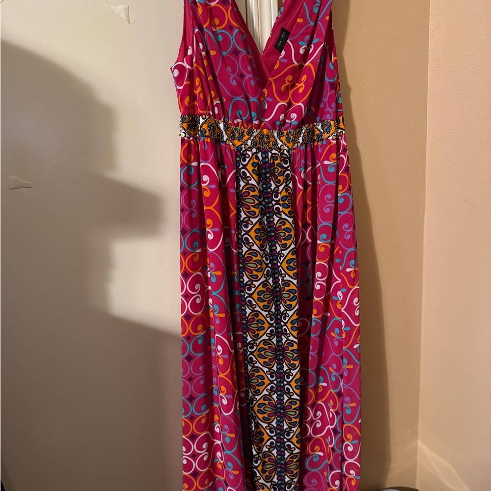 Nicole by Nicole Miller Vibrant Pink and Orange Patterned Maxi Dress